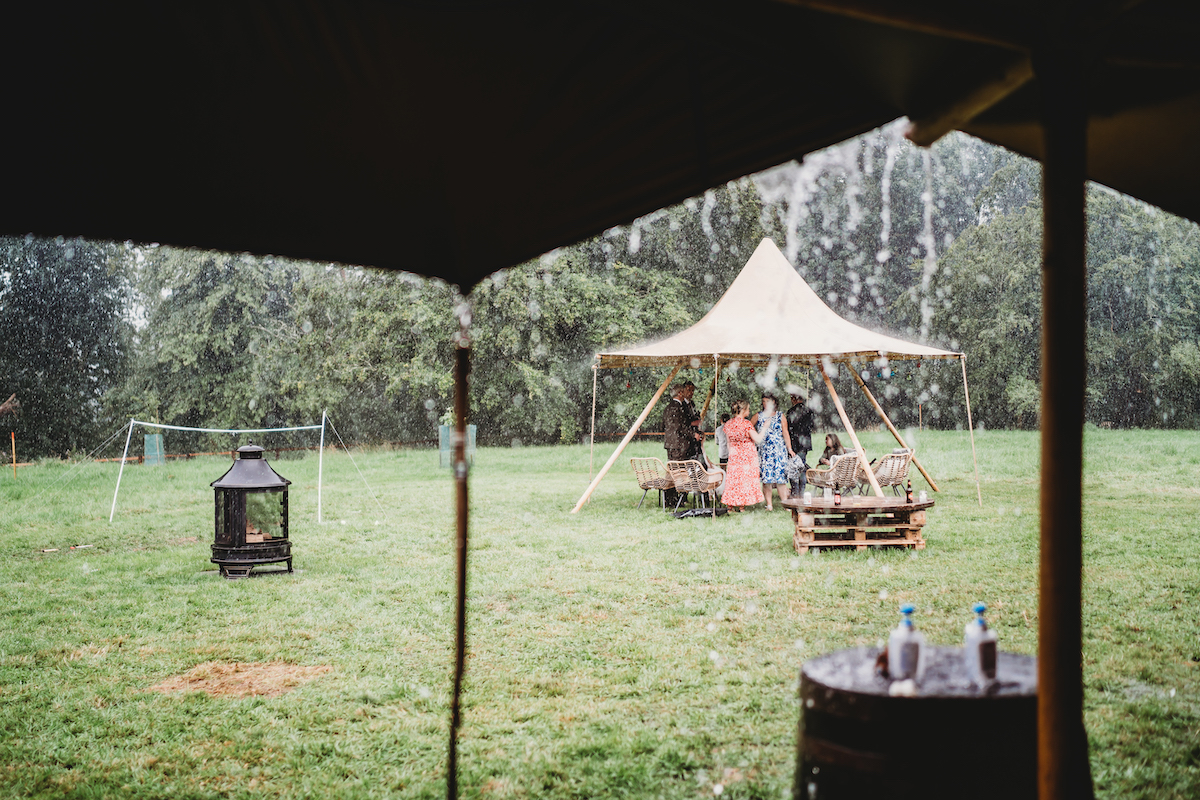 wedding guests sheltering from the rain