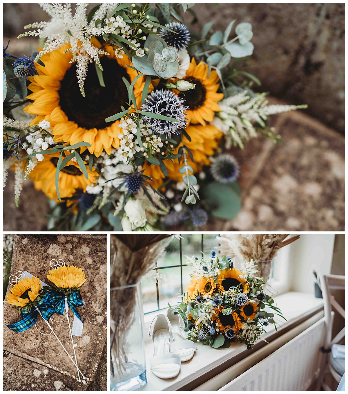 3 images showing sunflower bouquets ready for a Countryside wedding in Berkshire