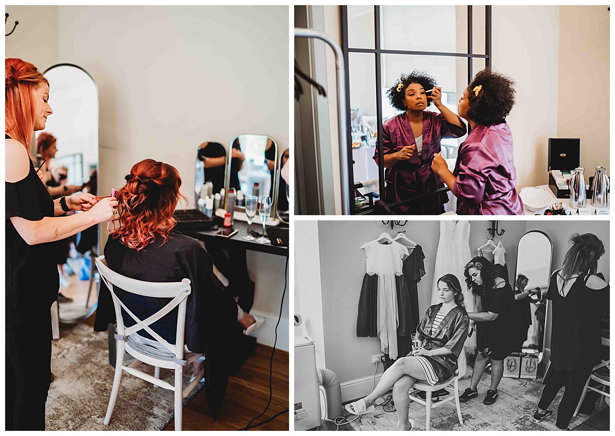 a bridal party getting ready for a Countryside Barn wedding in Newbury 