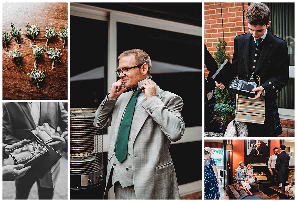 Groom and grooms men getting ready for a country barn wedding at The Post Barn Newbury