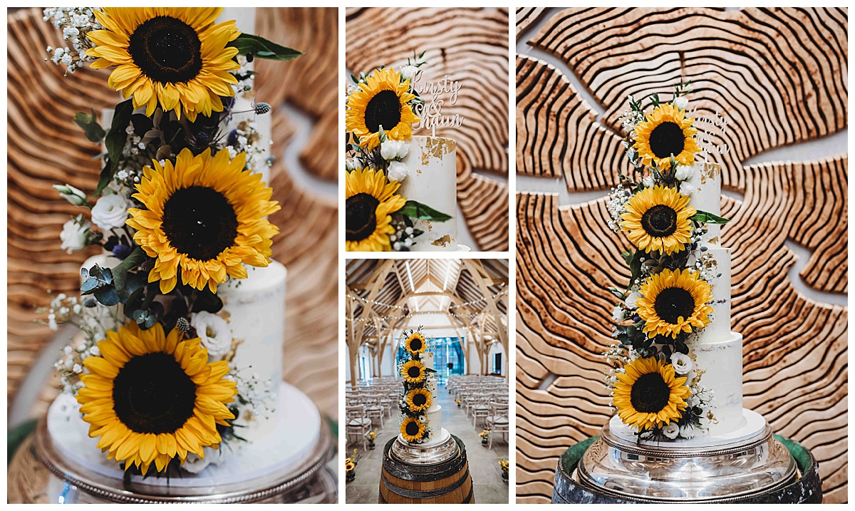 a collection of photos of a sunflower wedding cake from a berkshire wedding photographer
