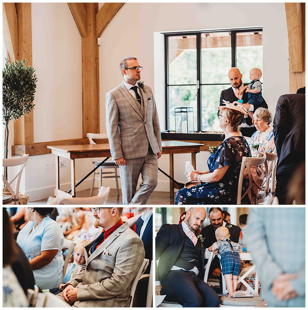 photos of guests waiting for the bride to walk down the aisle at a newbury countryside wedding
