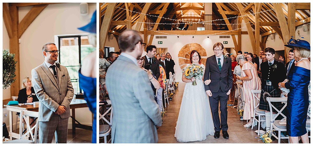 a photo of the bride being walked down the aisle by her brother taken by a newbury wedding photographer
