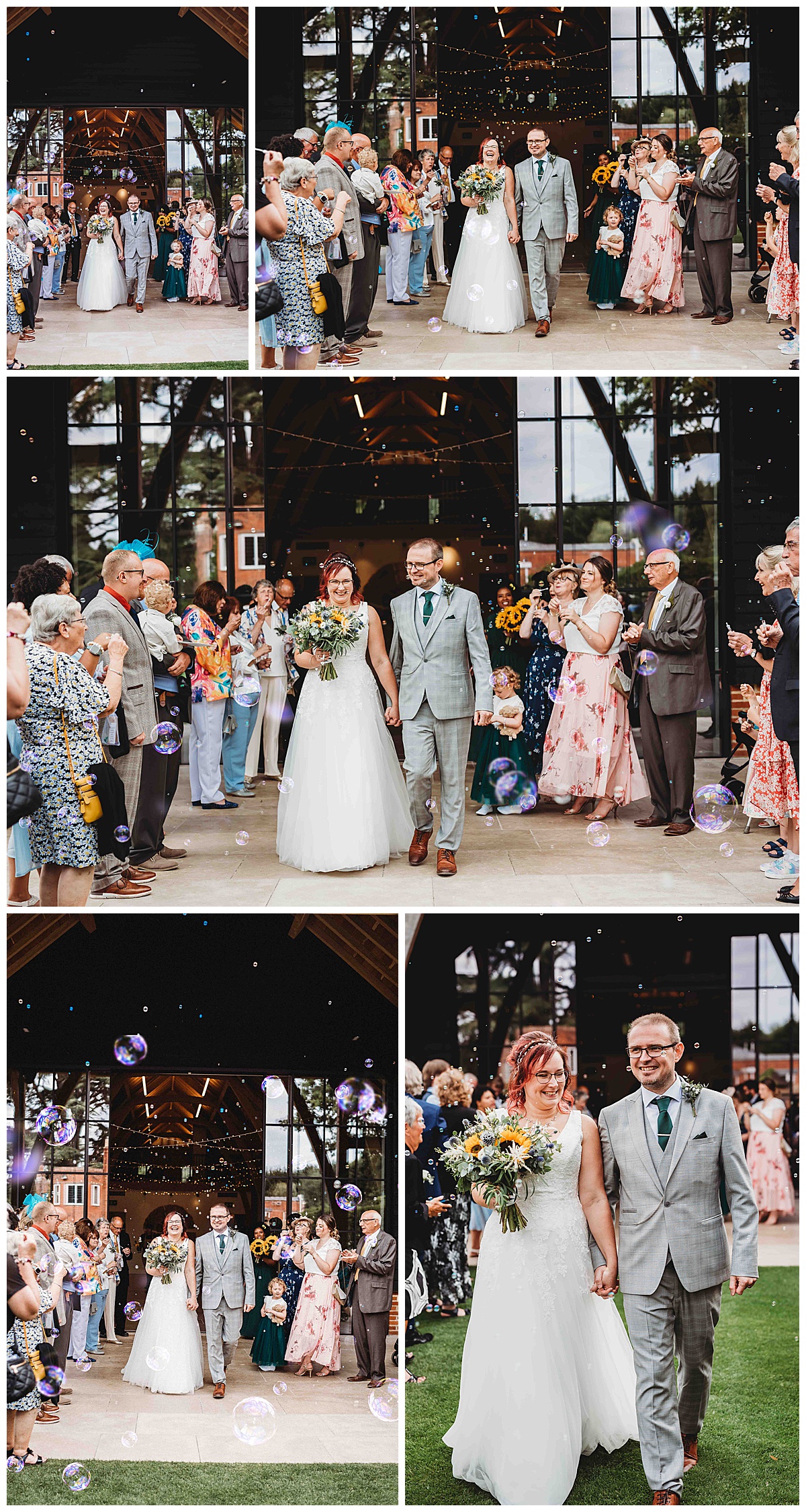 bride and groom walking through a bubble line up after getting married at The Post Barn Newbury