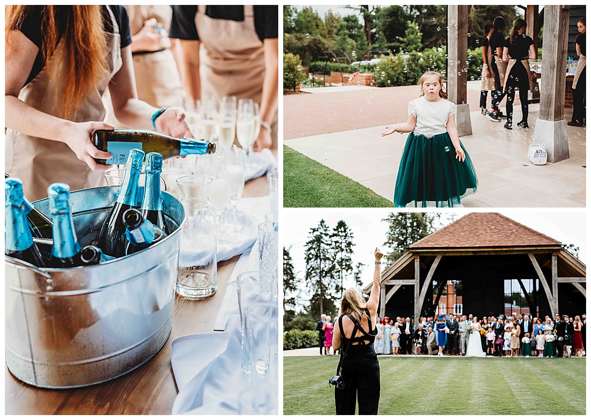 an image of jennie Colbourne Photography instructing a large group of wedding guests at a wedding at The Post Barn newbury