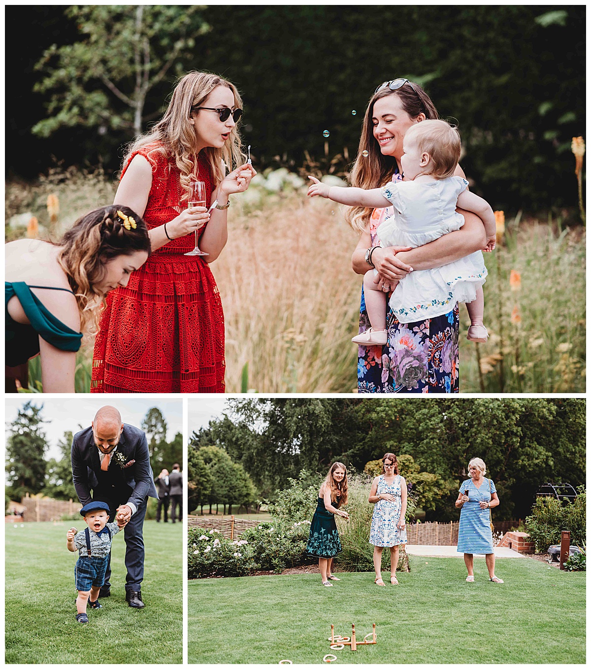 Wedding guests playing with the lawn games and the bubbles during a summer wedding taken by a newbury wedding photographer