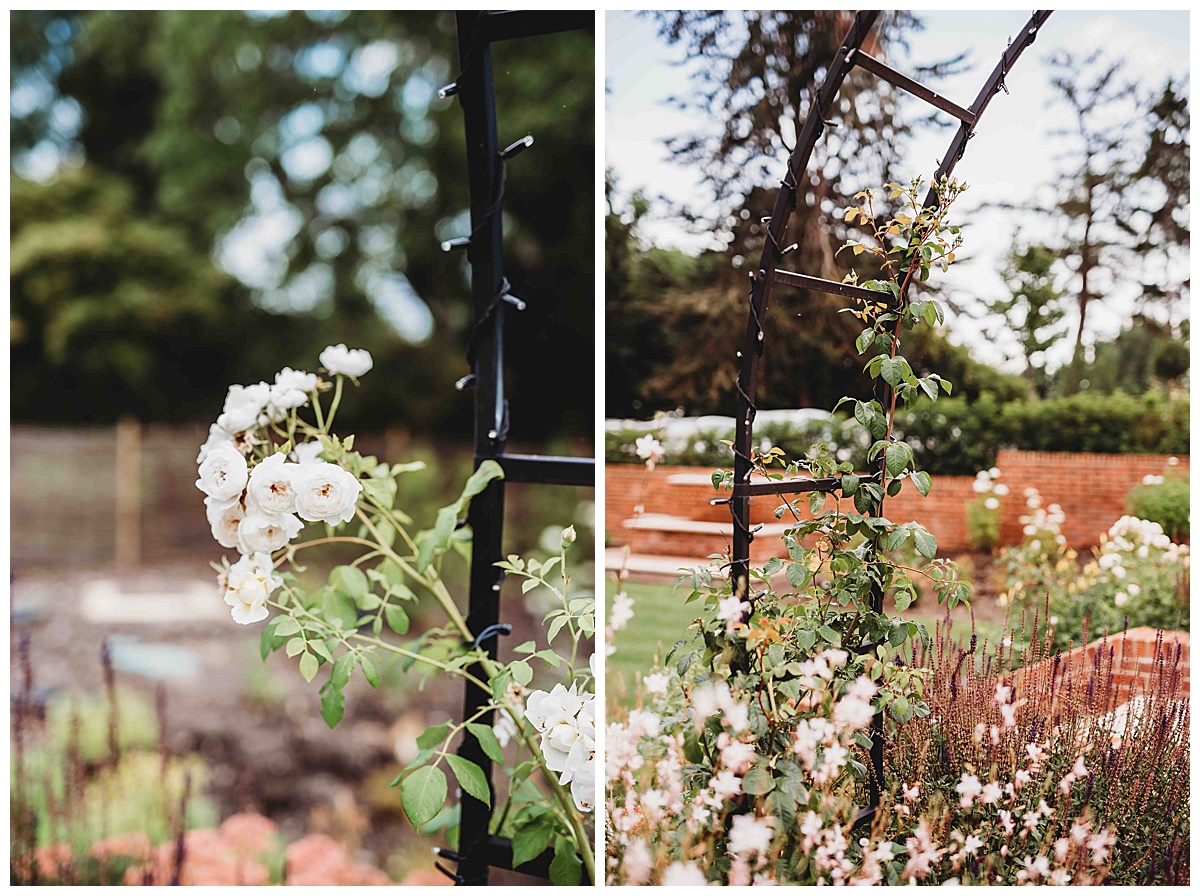 photos of the flowers in bloom at a summer wedding at the post barn newbury
