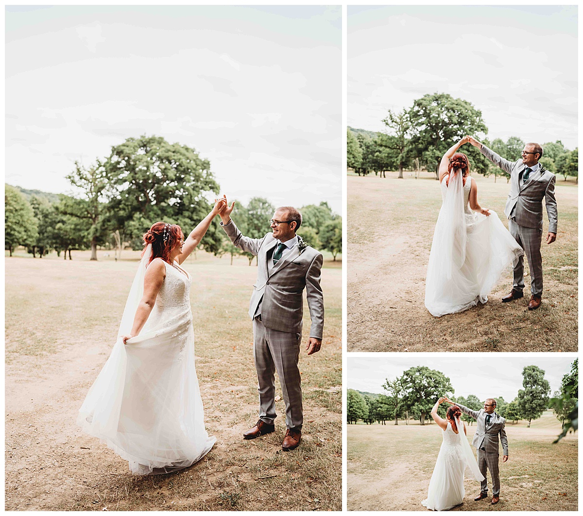 a just married couple dancing in the fields together as taken by a newbury wedding photographer