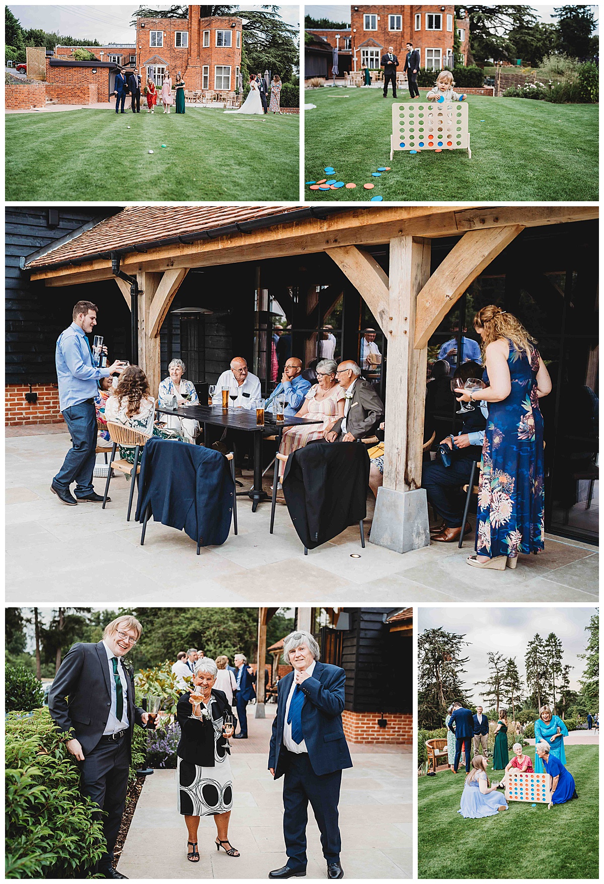 guests enjoying the sun and having a drink outside at a summers wedding at the post barn