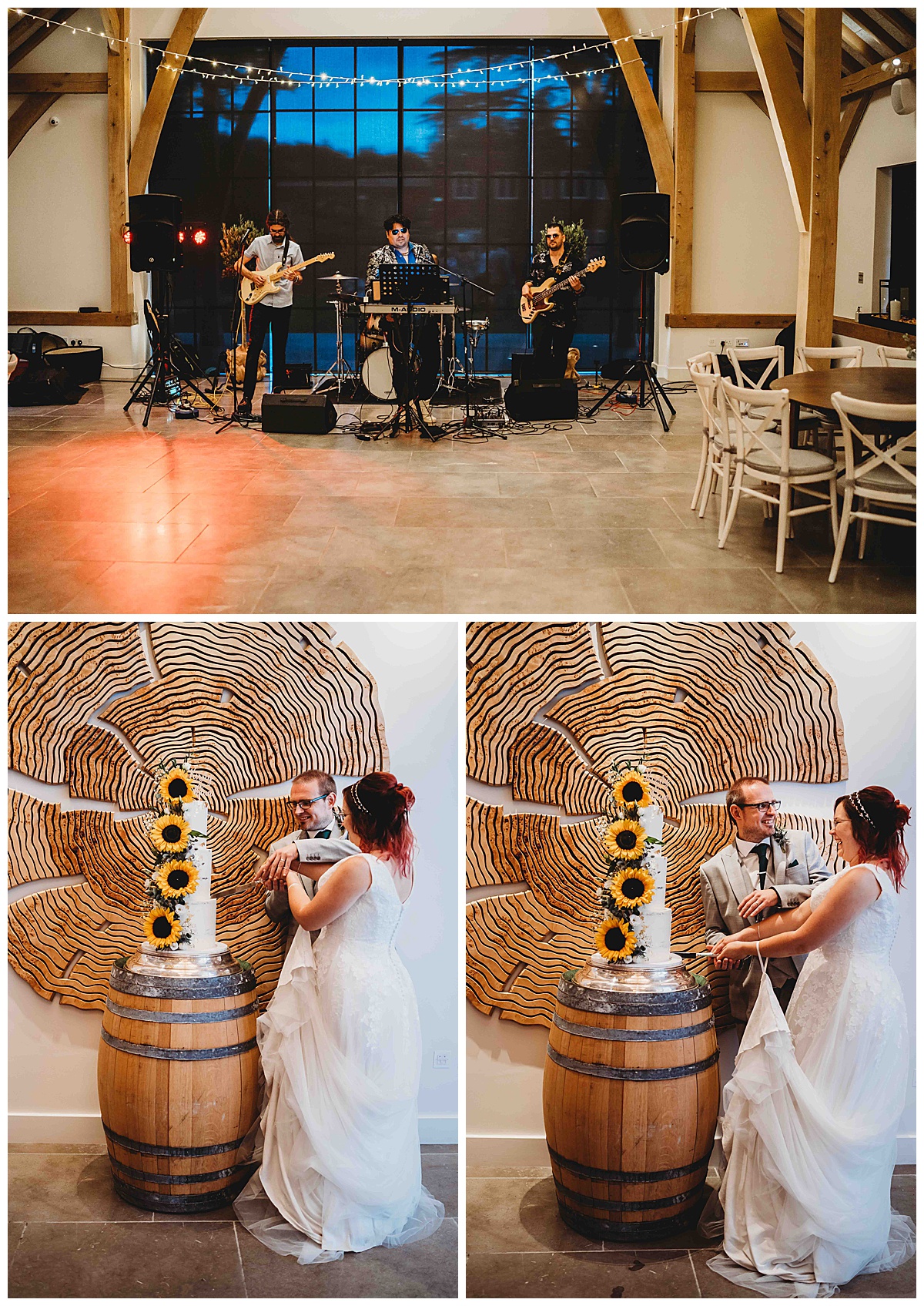 a wedding band warming up as the bride and groom cut their cake at the post barn
