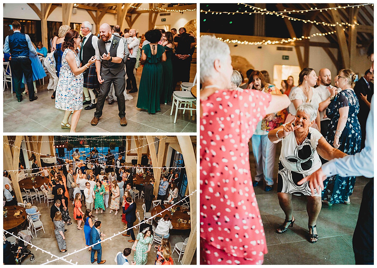 photo of wedding guests dancing to a live band at a wedding taken by the posts barn photographer