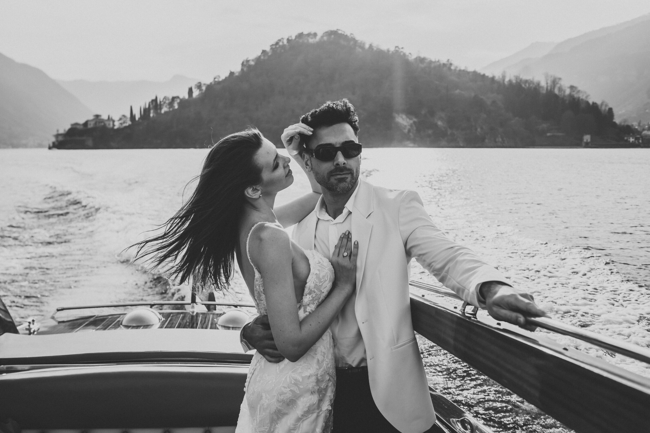 a bride and groom posing together after their intimate lake como wedding 