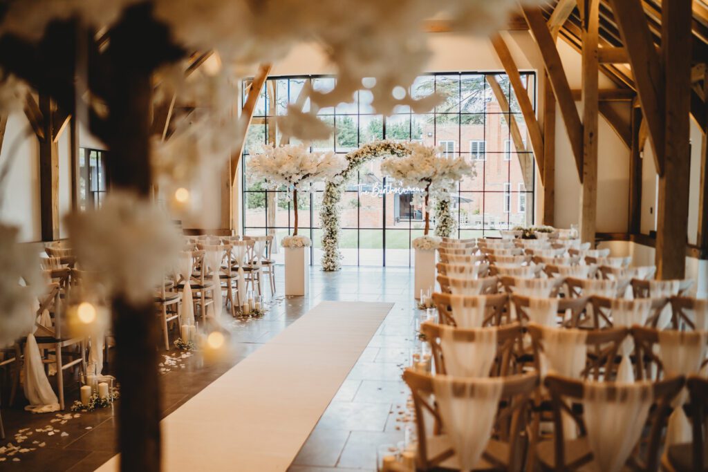 The Post Barn Newbury ready for an indoor white ceremony taken by a wedding photographer 