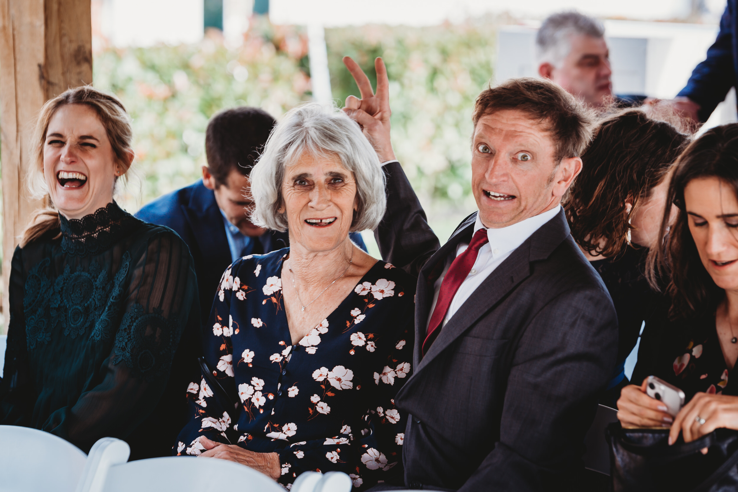 wedding guests fooling around for a hampshire wedding photographer 