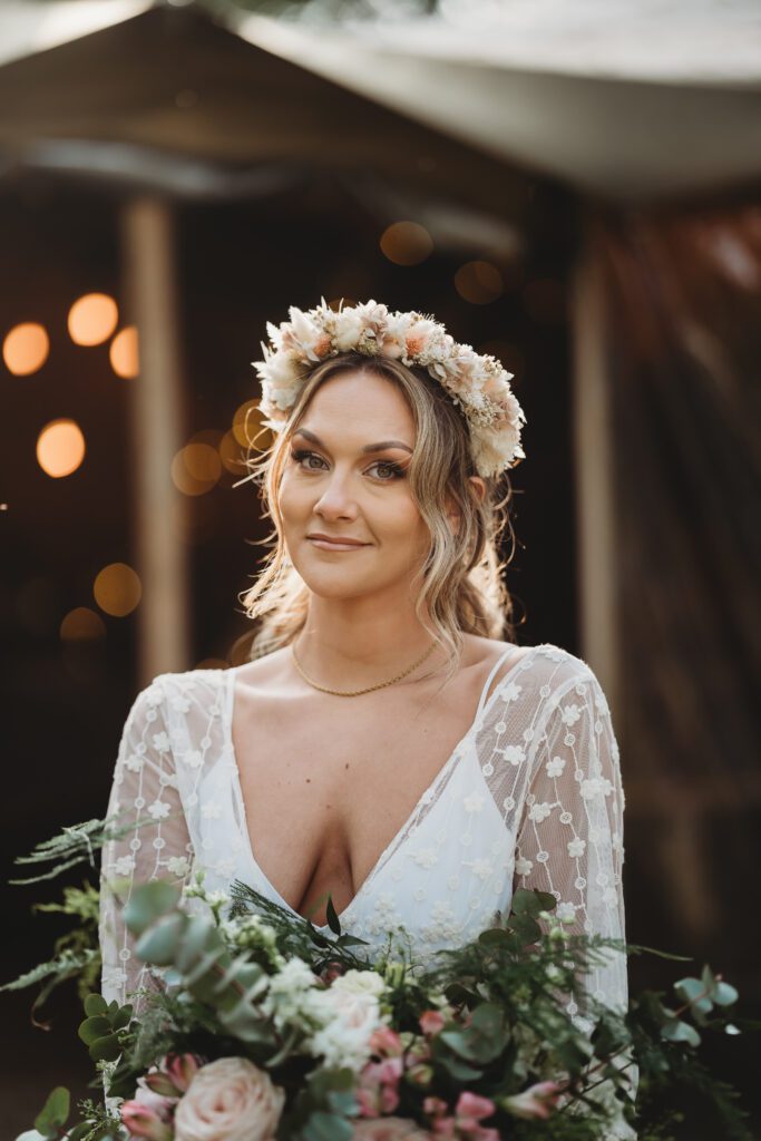 a portrait of a boho bride taken by a festival wedding photographer 