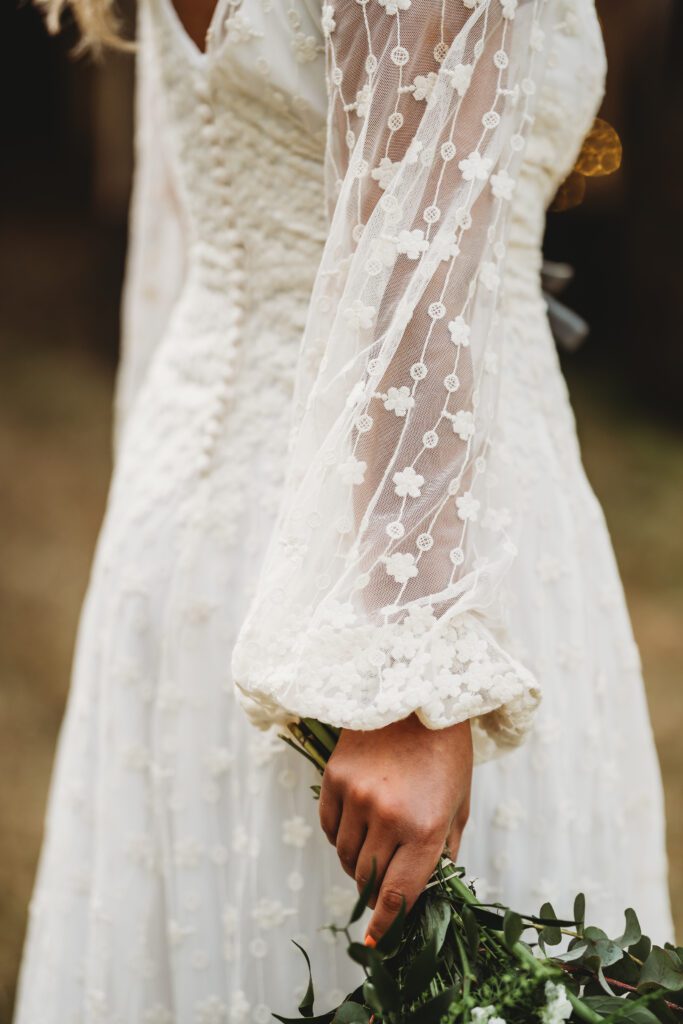 a detail image of a brides dress with beautiful puffy sleeves