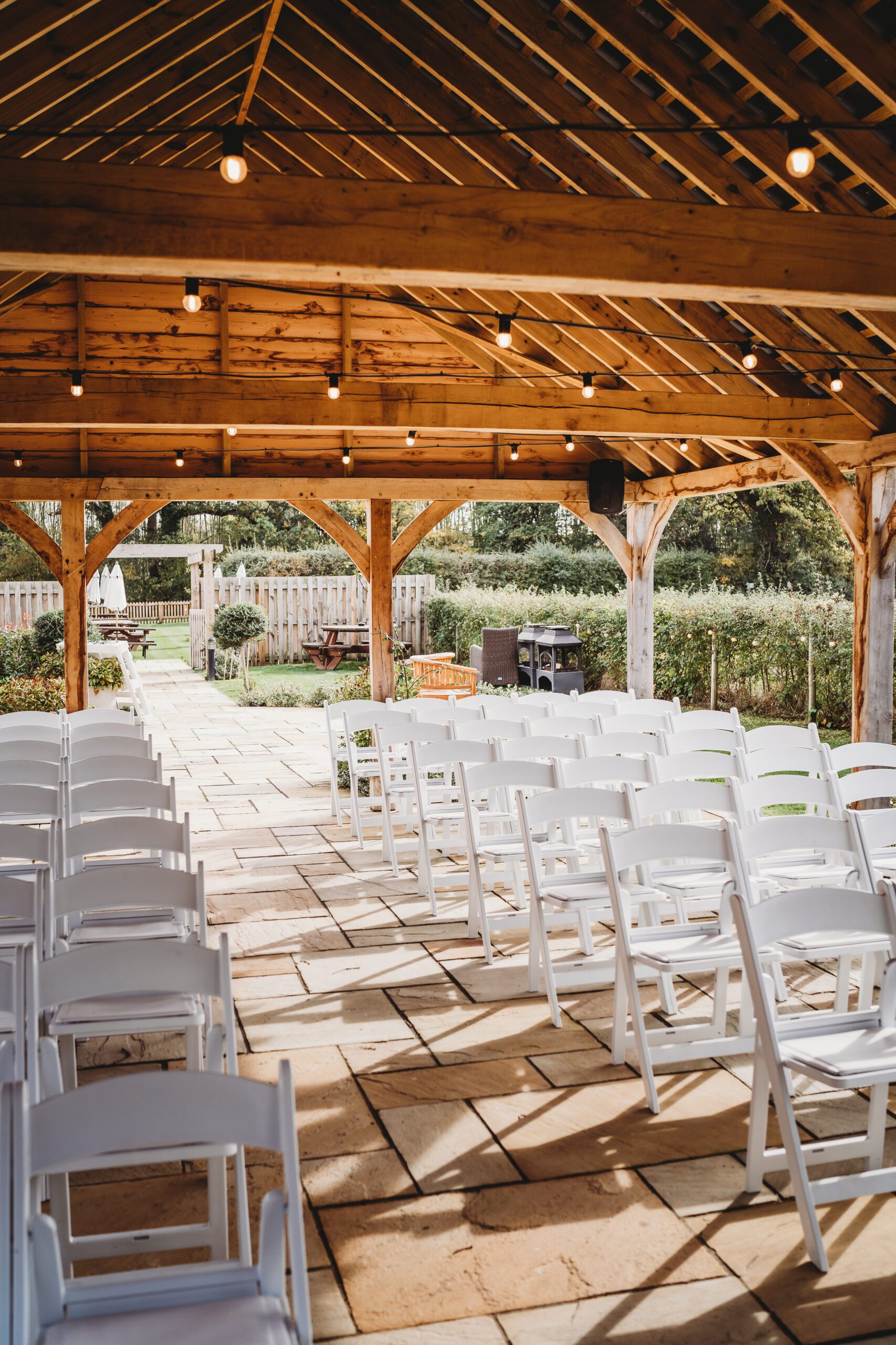an outside courtyard set up for an outdoor autumn wedding 