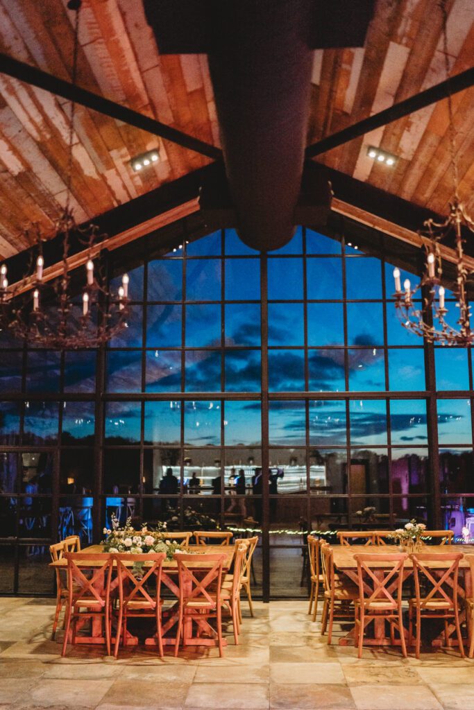 a photo taken from inside Botley Hill Barn to show the blue skies after a sunset as taken by a luxury wedding photographer