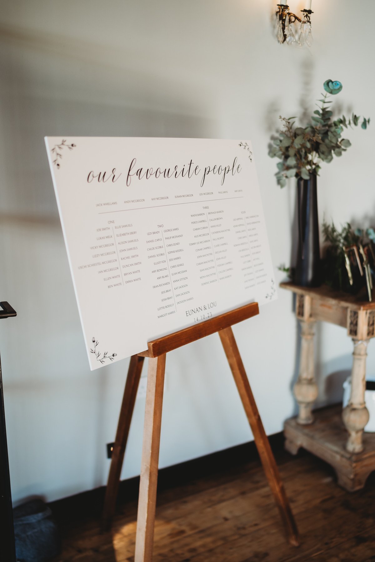 cream table plan ready for the guests to arrive for a surrey wedding barn taken by a luxury wedding photographer