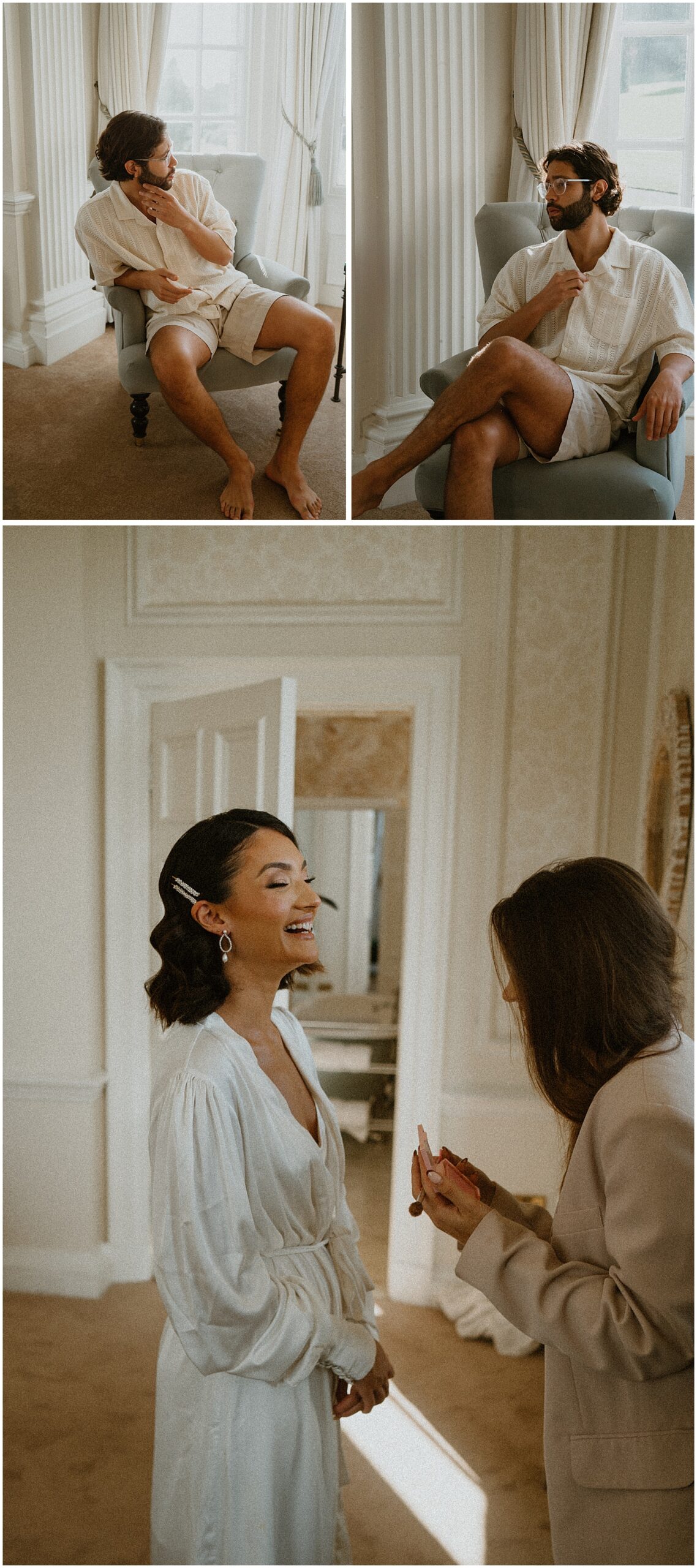 bride and groom getting ready together for their wedding day