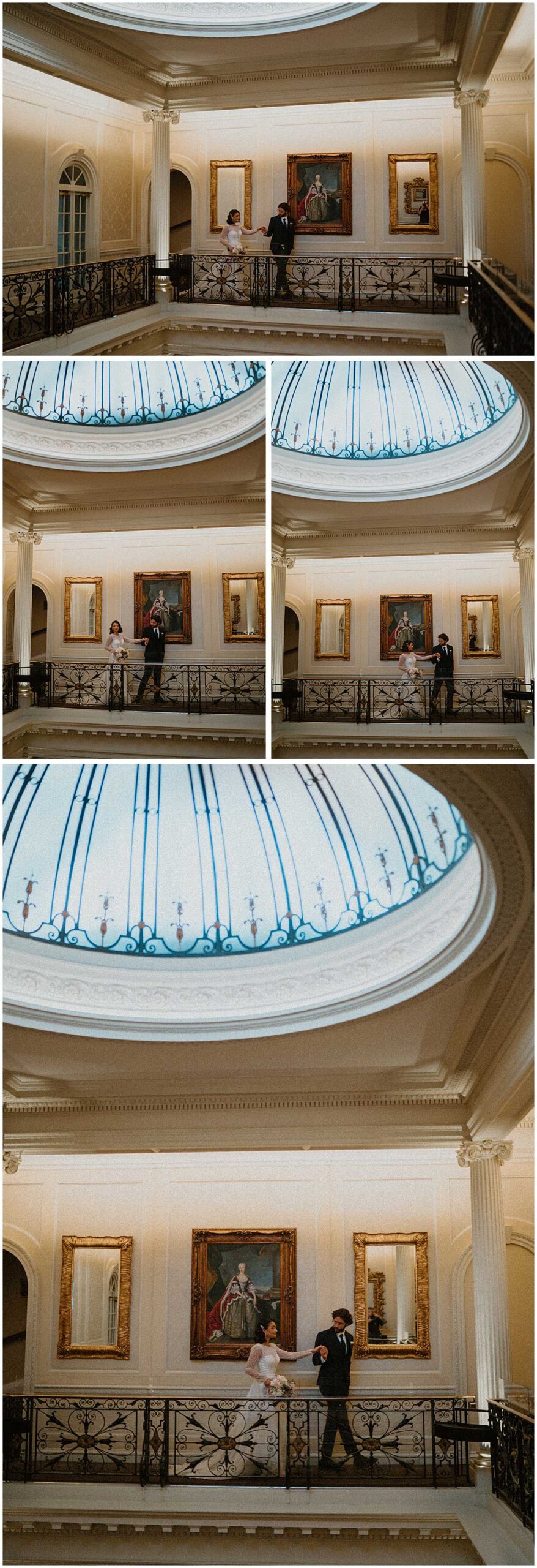 Bride and groom walking around the upper balcony at a Hedsor House wedding