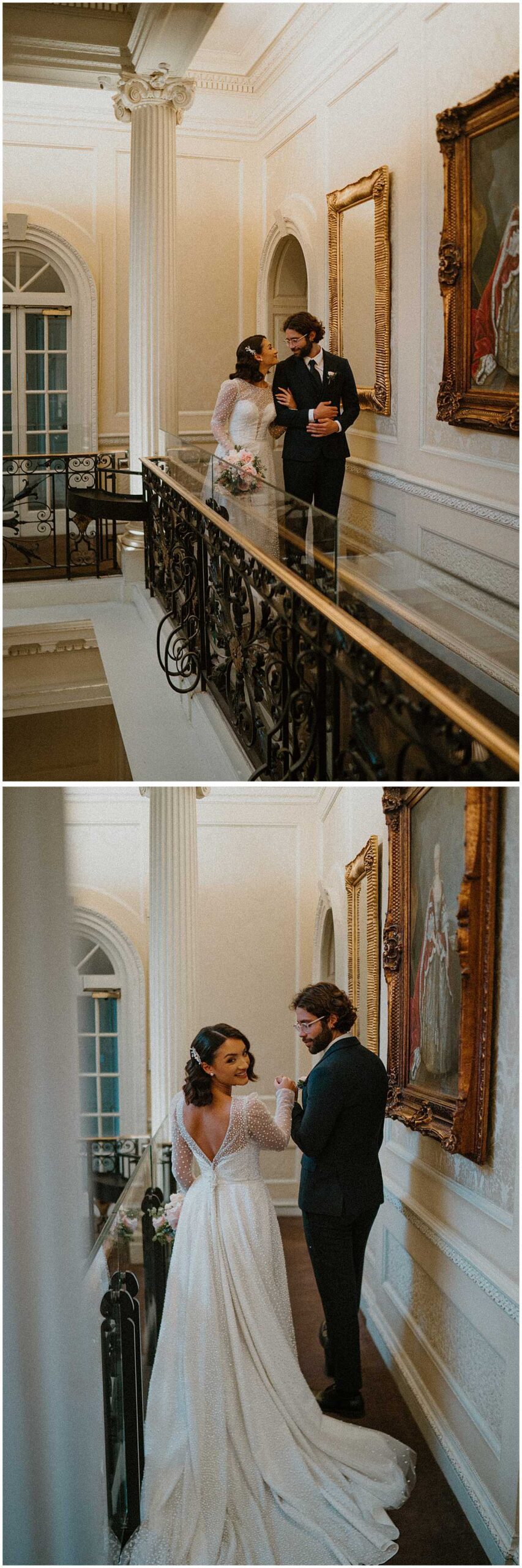 Couple portraits on balcony at  for a London wedding photographer