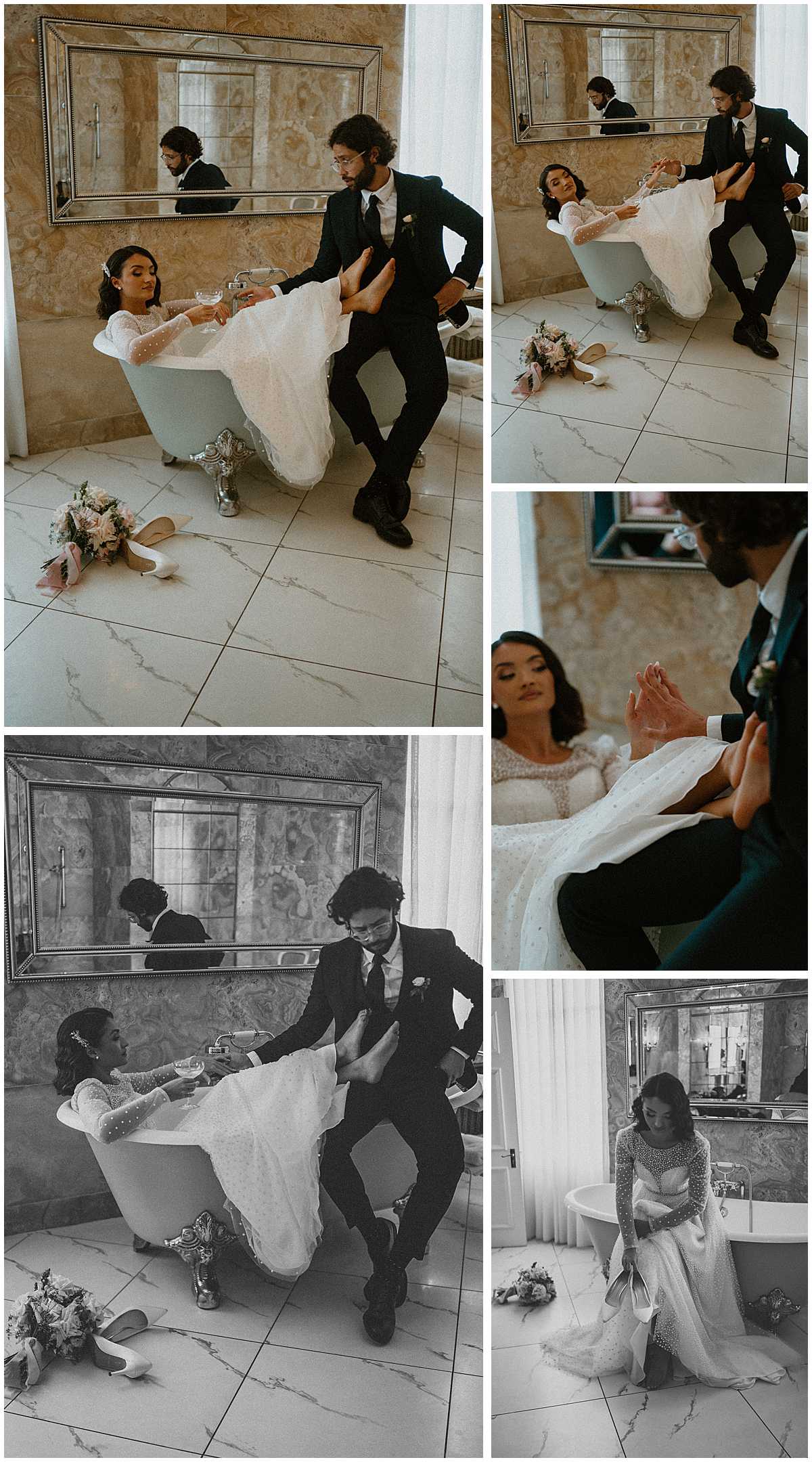 Bride and groom in the bathroom at of luxury wedding venue