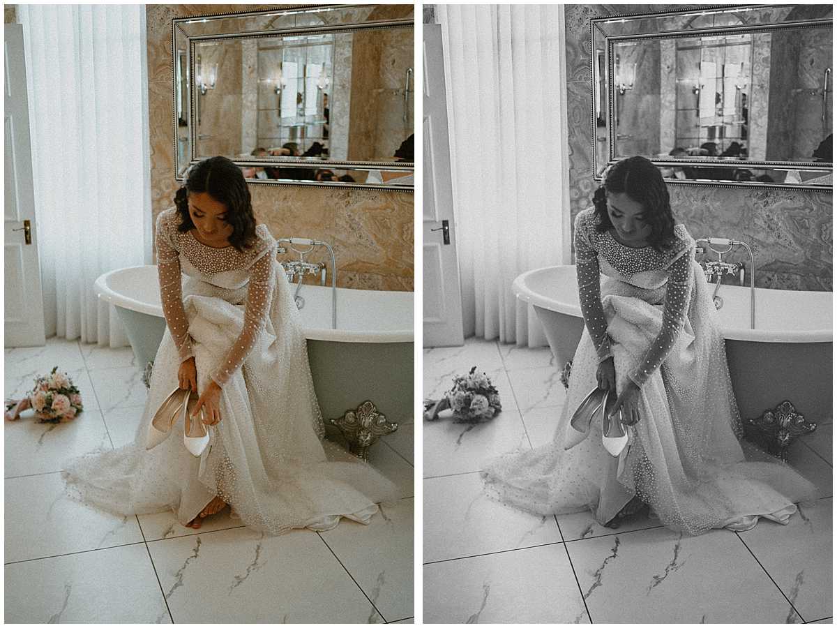 a bride putting her shoes on ready for her wedding 