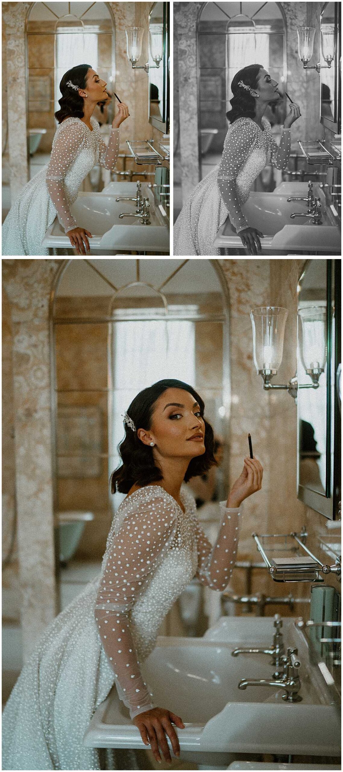 A bride applying lipstick in the mirror 