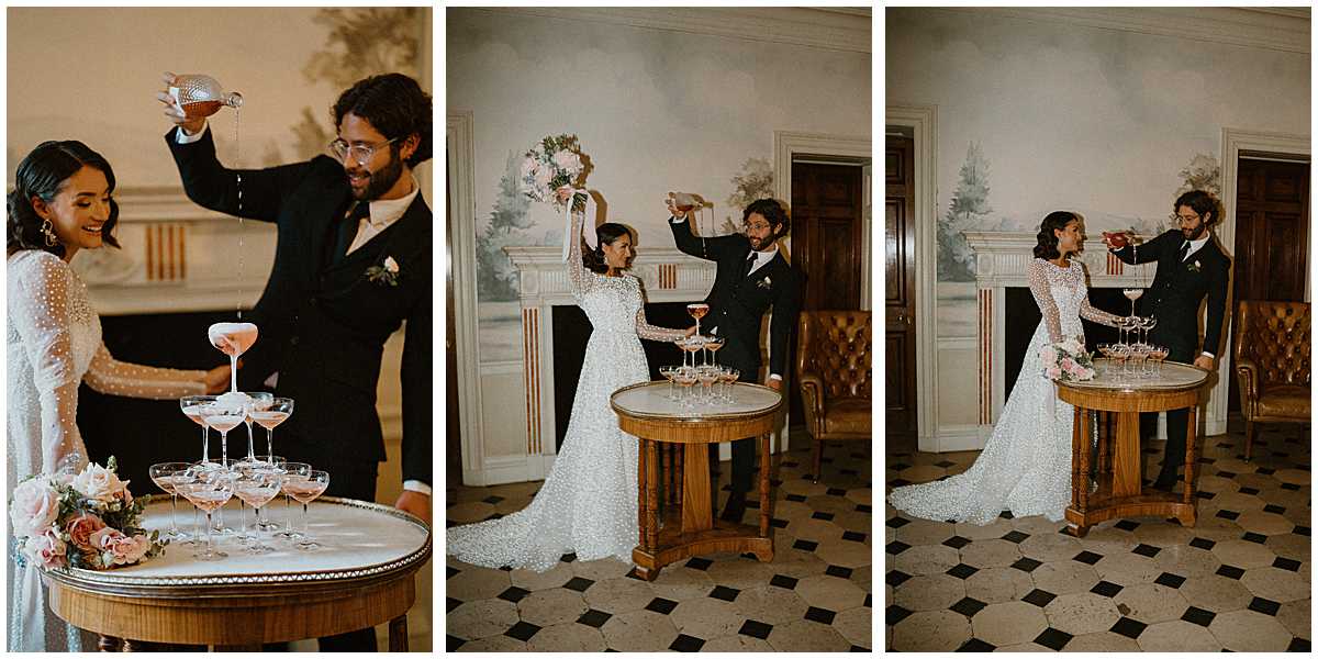 a bride and groom pouring champagne for their champagne tower at Hedsor House