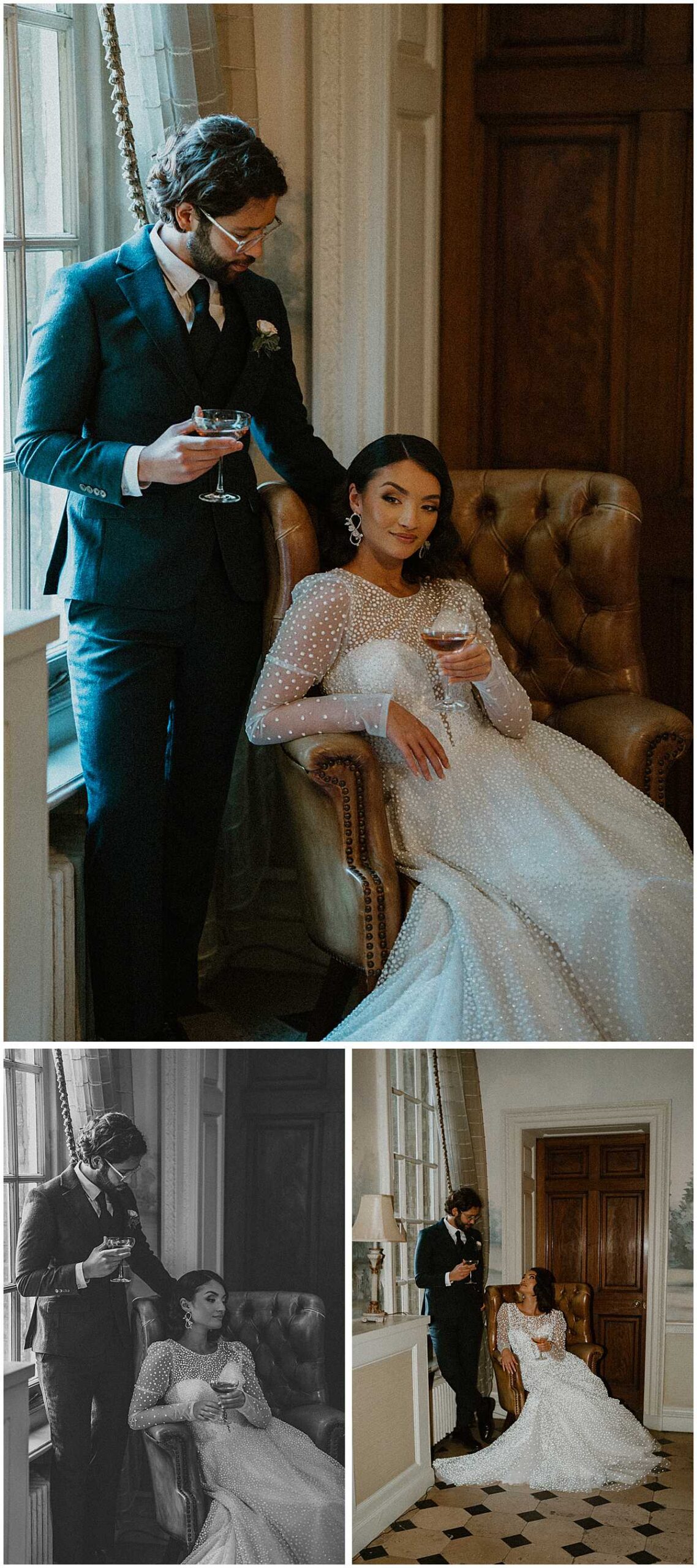 A bride and groom enjoying a glass of champagne after their wedding at Hedsor House