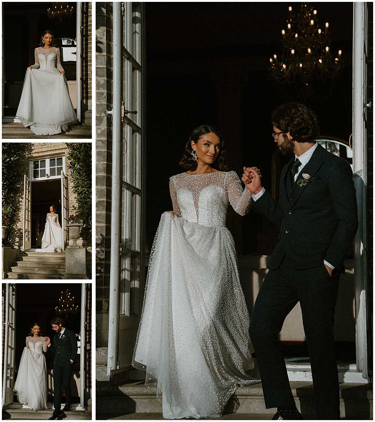 a groom leading his new bride down the steps from Hedsor House 