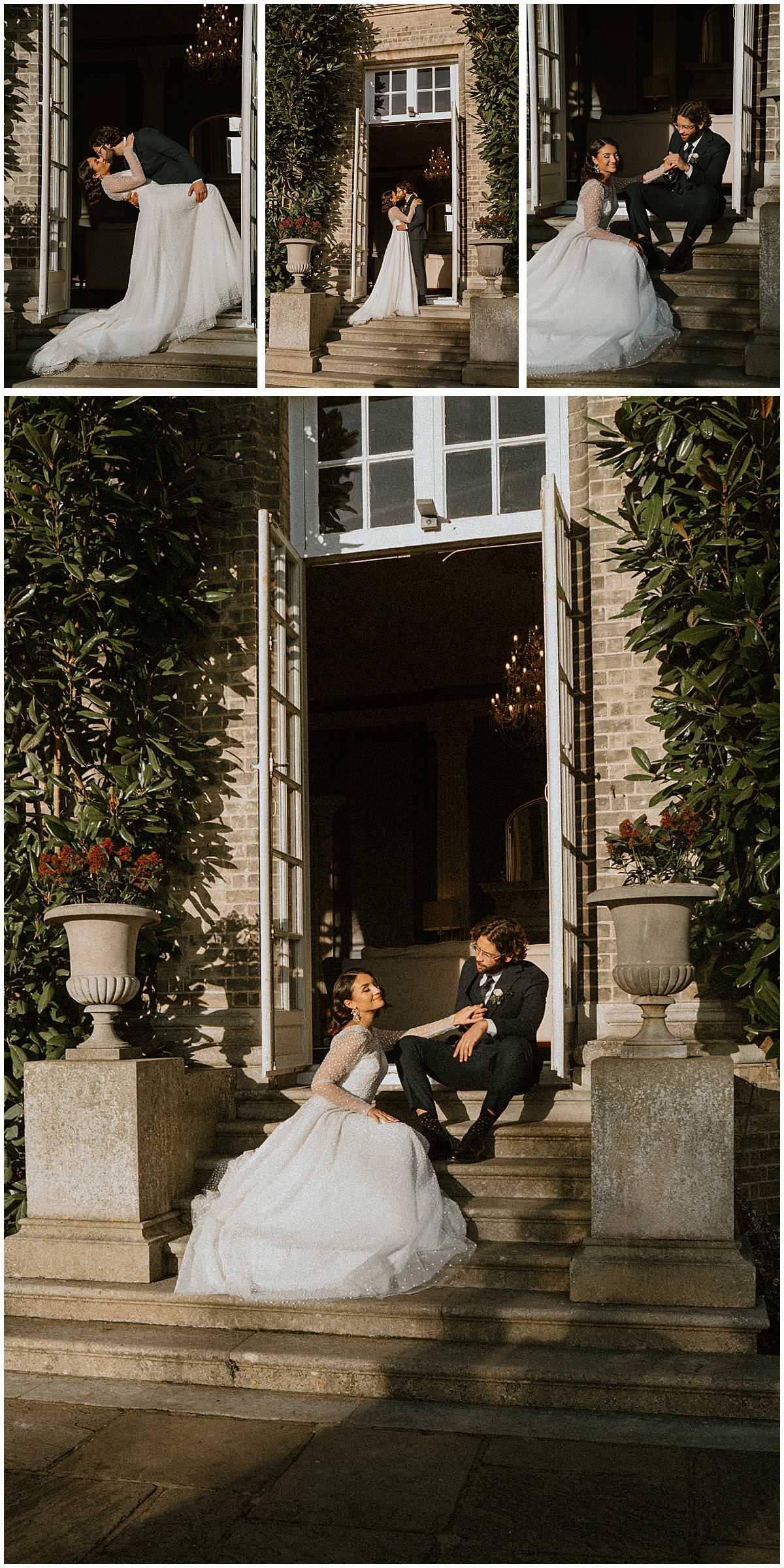 a bride and groom on the outside lawn of Hedsor House enjoying the sun