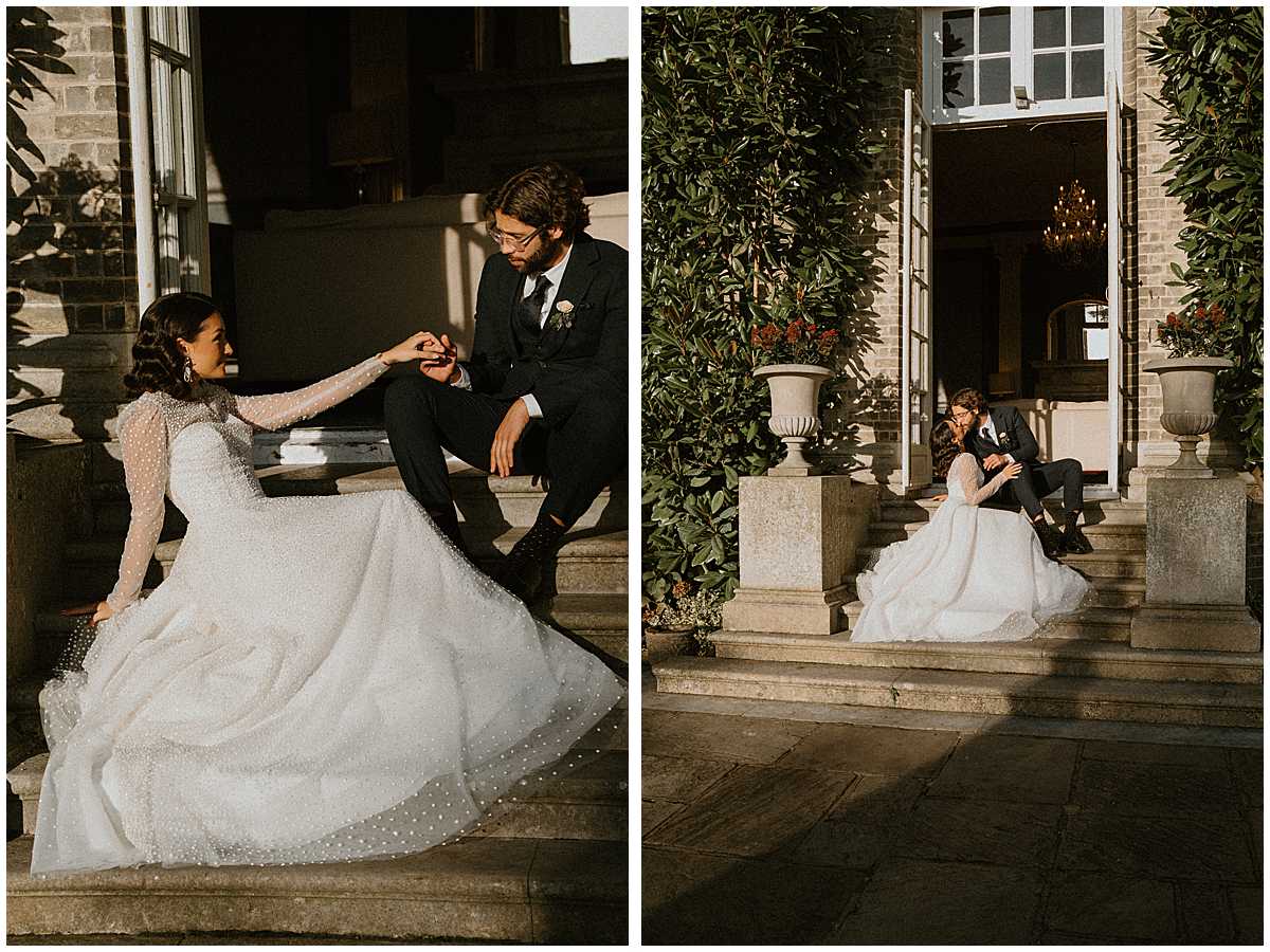 a bride and groom spending time together on the steps of hedsor house after their wedding 