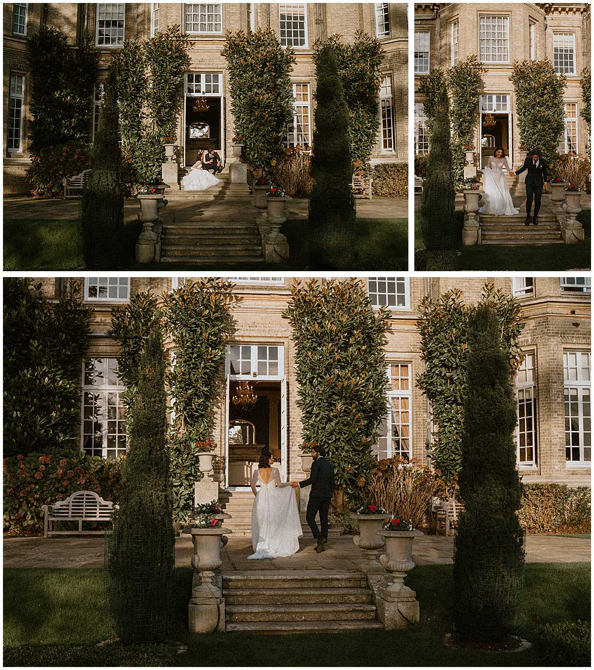 bride and groom walking down the steps at the side of Hedsor House