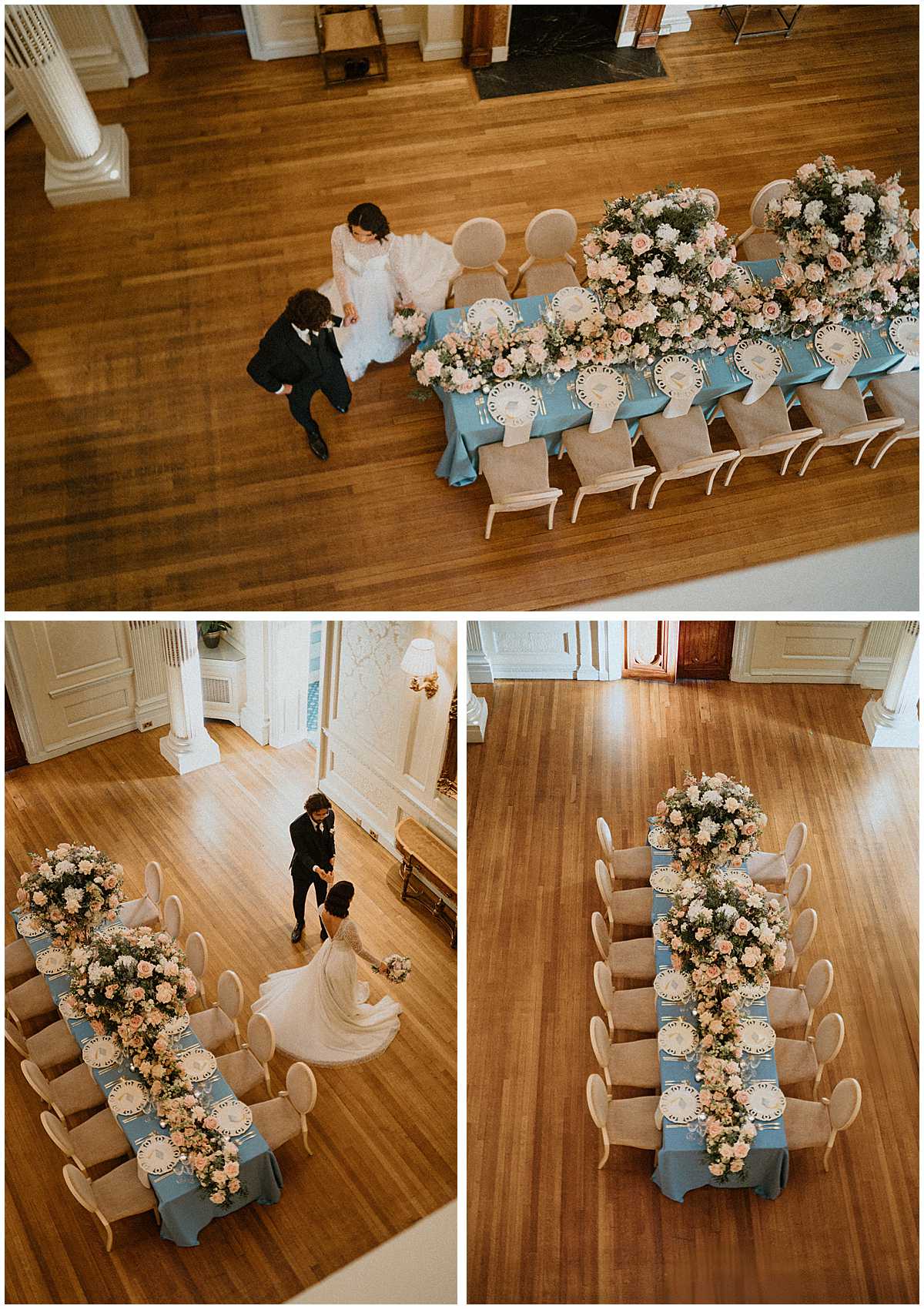 bride and groom looking around their wedding table scape at Hedsor House