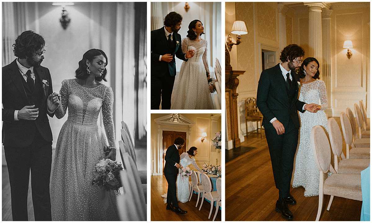 bride and groom walking around their wedding venue of Hedsor House