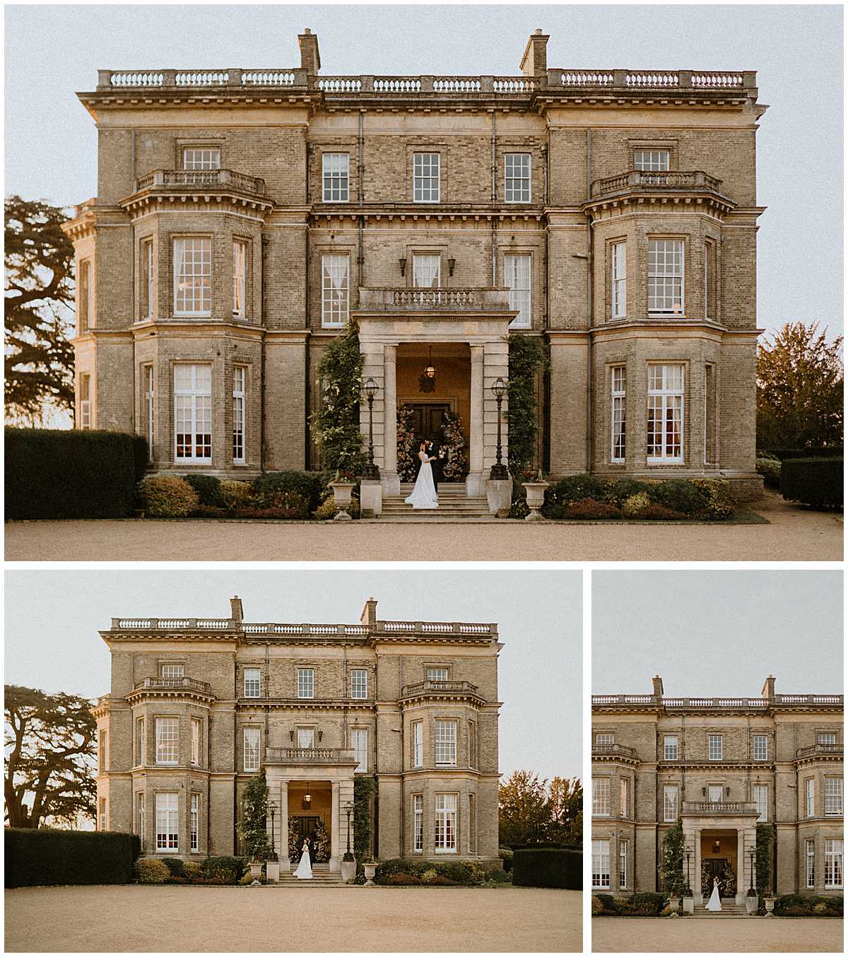 a bride and groom coming down the iconic steps of hedsor house