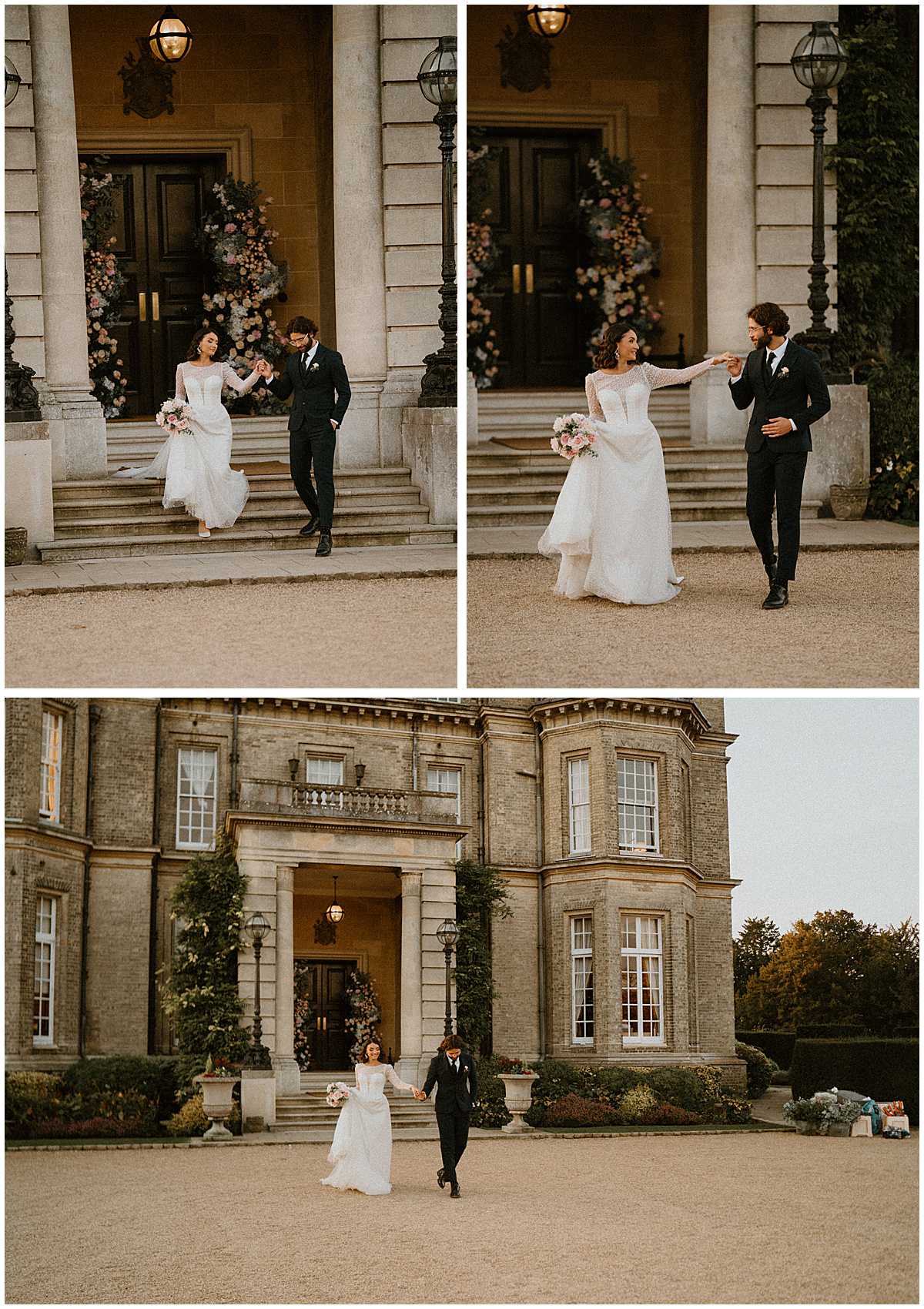 a bride and groom walking down the steps of the luxurious hedsor house wedding venue