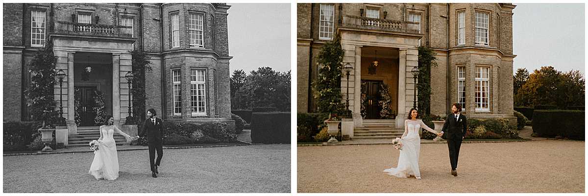 a bride and groom having fun outside of hedsor house