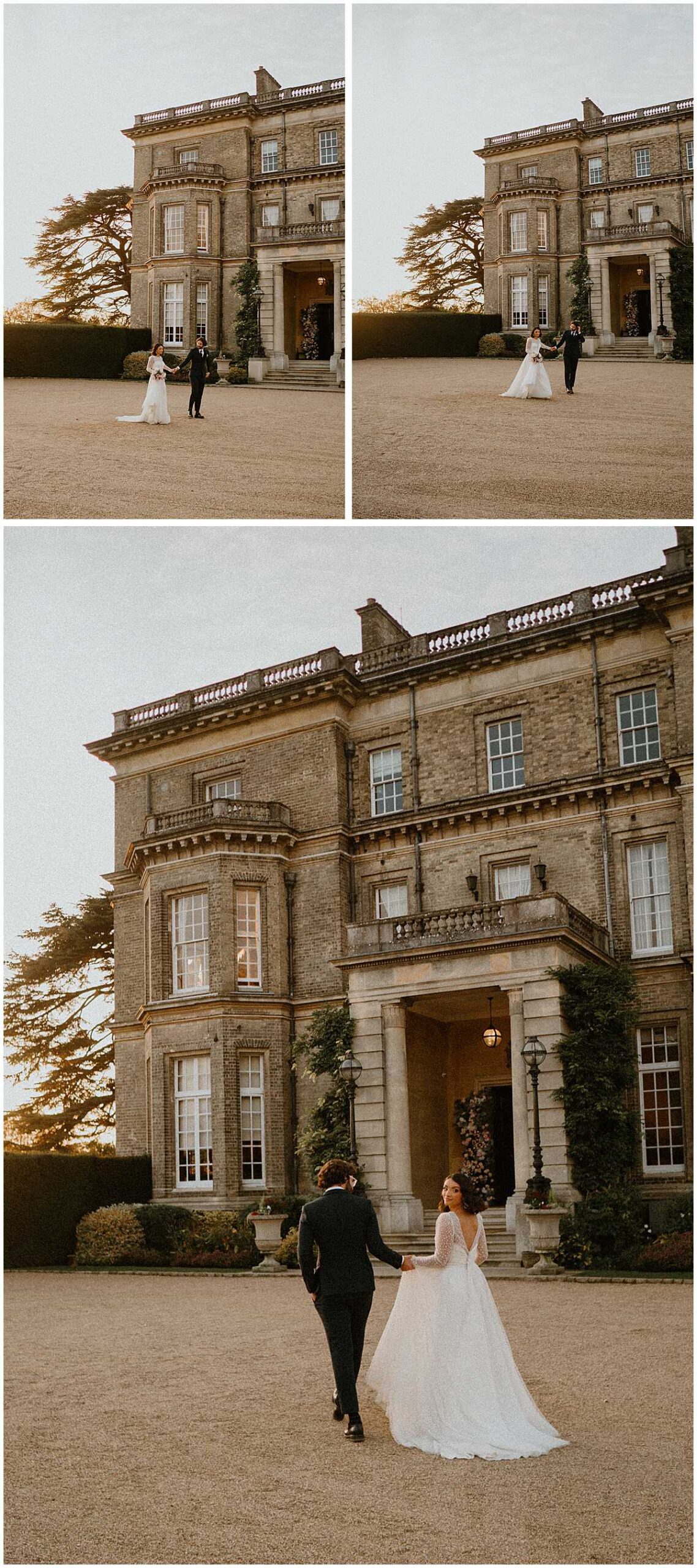 a bride and groom walking in front of their luxury uk wedding venue