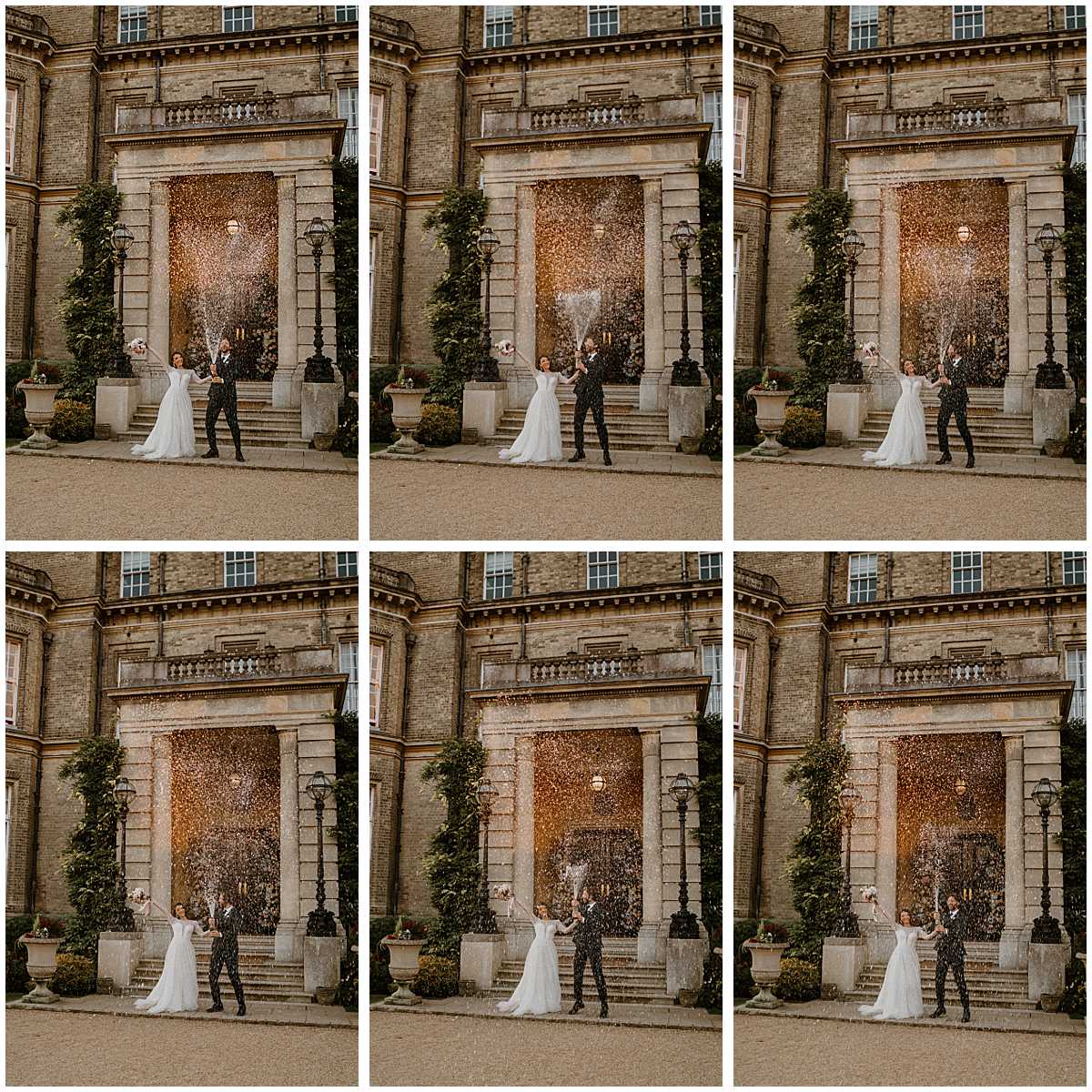  champagne spray by a groom and his bride outside hedsor house