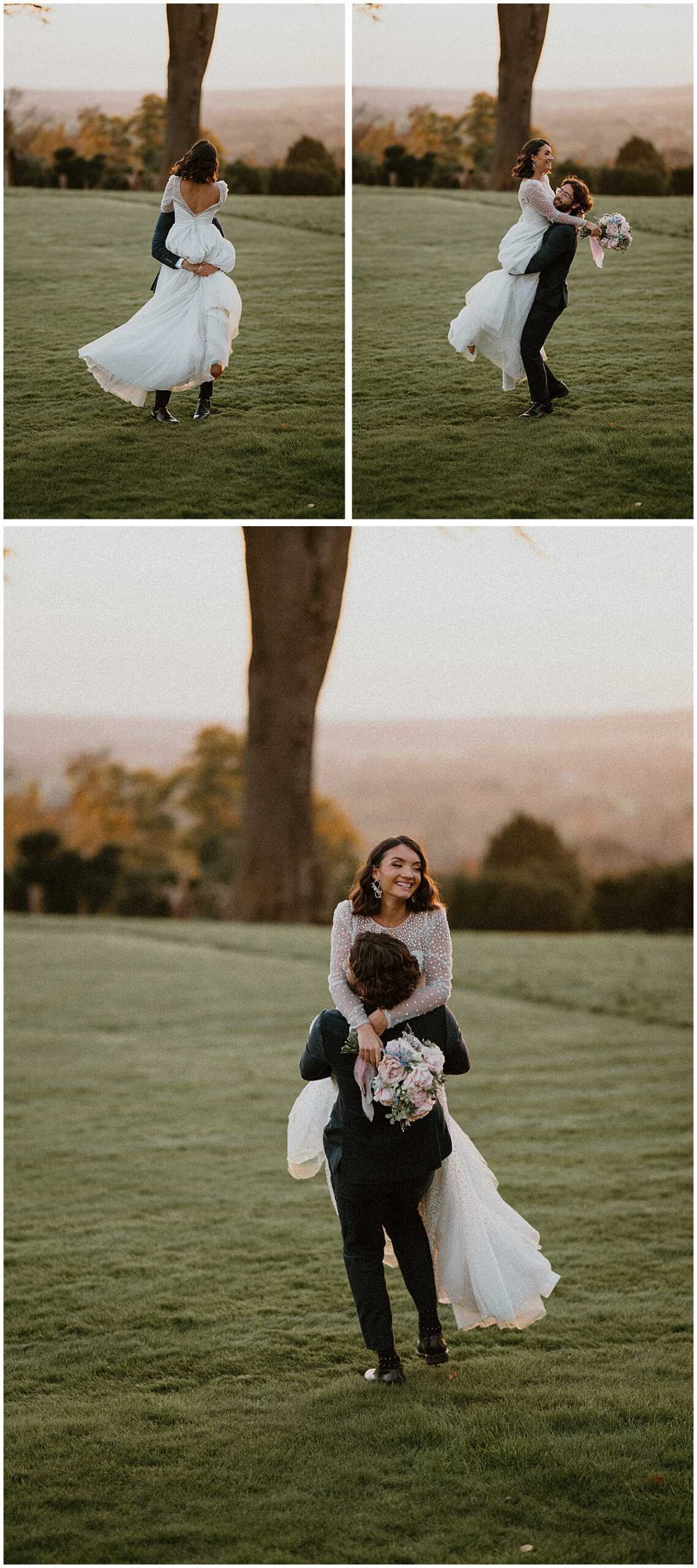 bride and groom enjoying sunset by spinning around 