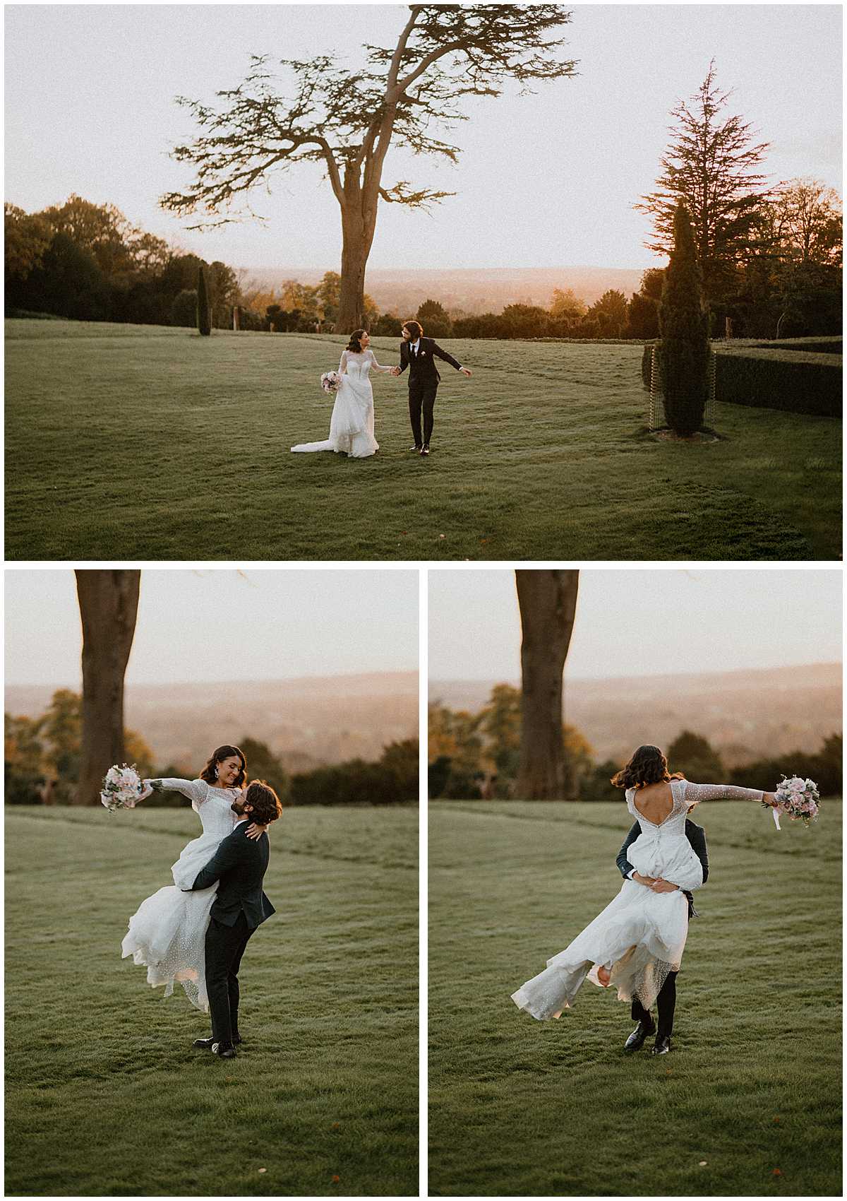 newly wed couple spinning around in the sunset london wedding