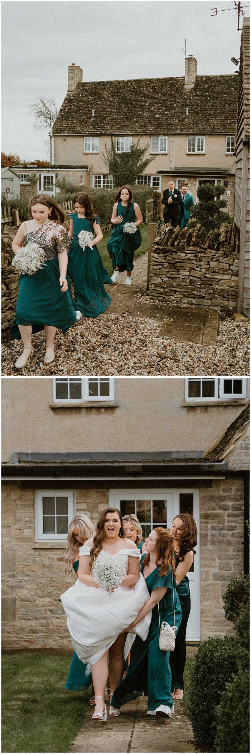 images taken by a cotswolds wedding photographer of a bride making her way out of the bridal prep room, ready for her wedding ceremony