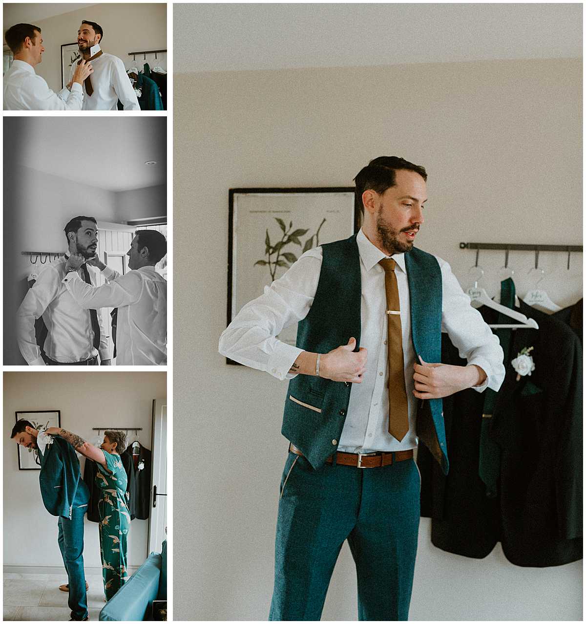 photos of a groom getting ready for his winter wedding at Oxleaze Barn