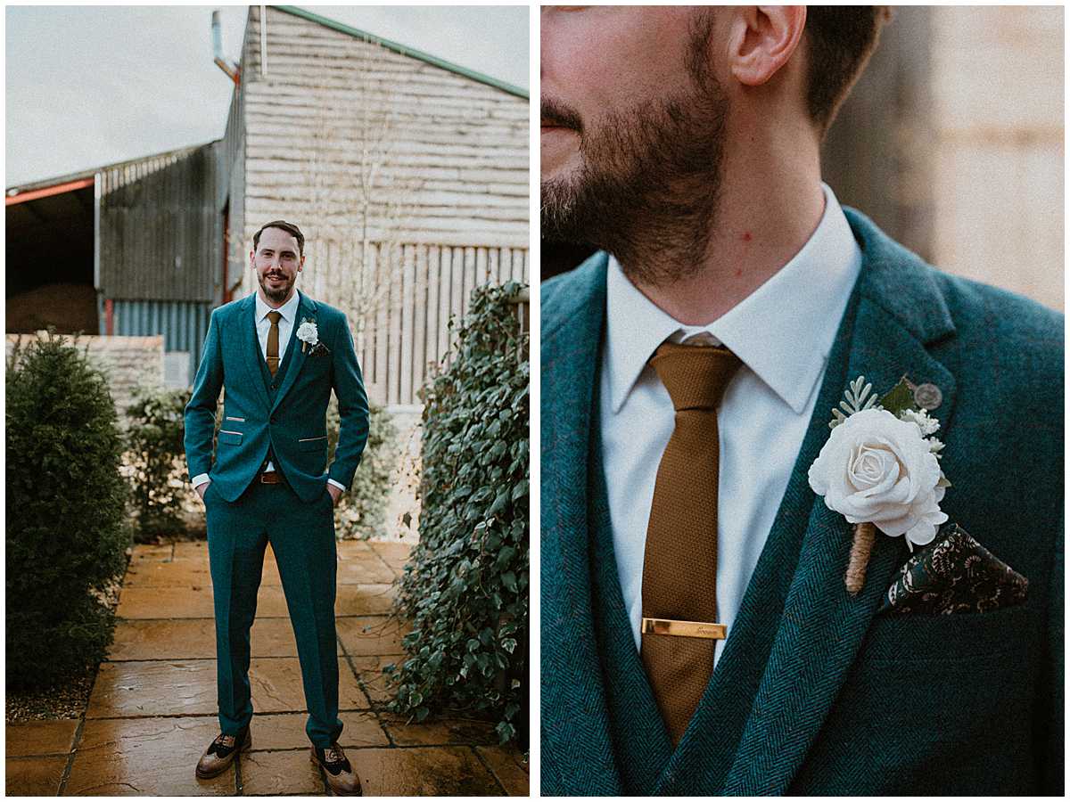 groom portraits just before his wedding ceremony at Oxleaze Barn