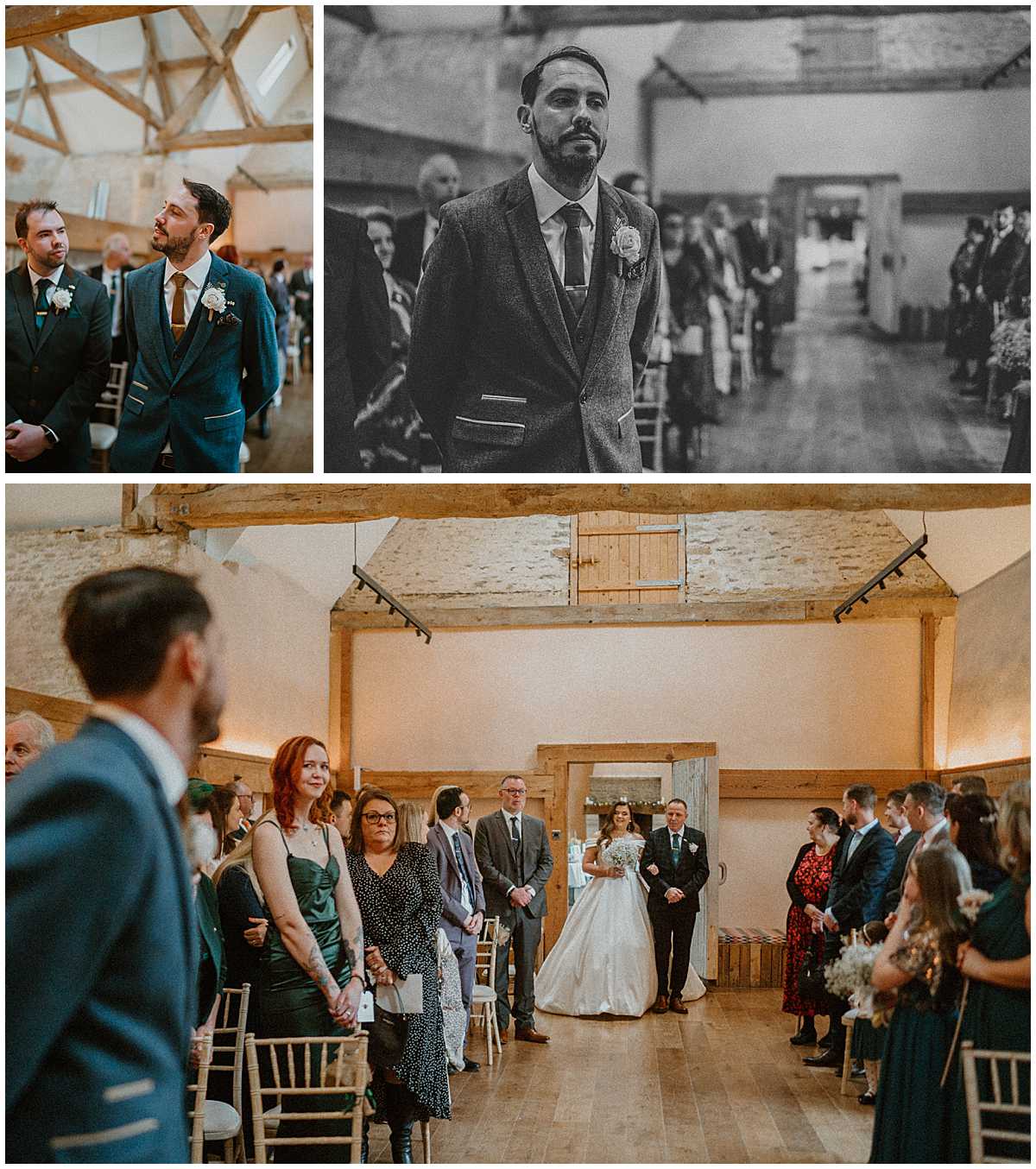 images of the groom as he looks on as his wife to be comes down the aisle at Oxleaze barn