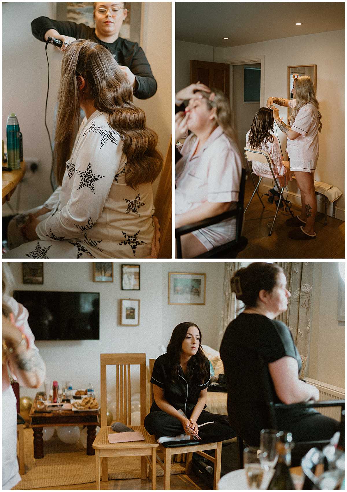 a group of bridal prep images as they get ready for a wedding at Oxleaze Barn