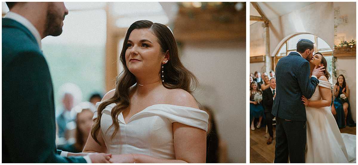 images of the bride and groom as they get married at Oxleaze Barn taken by a cotswolds wedding photographer